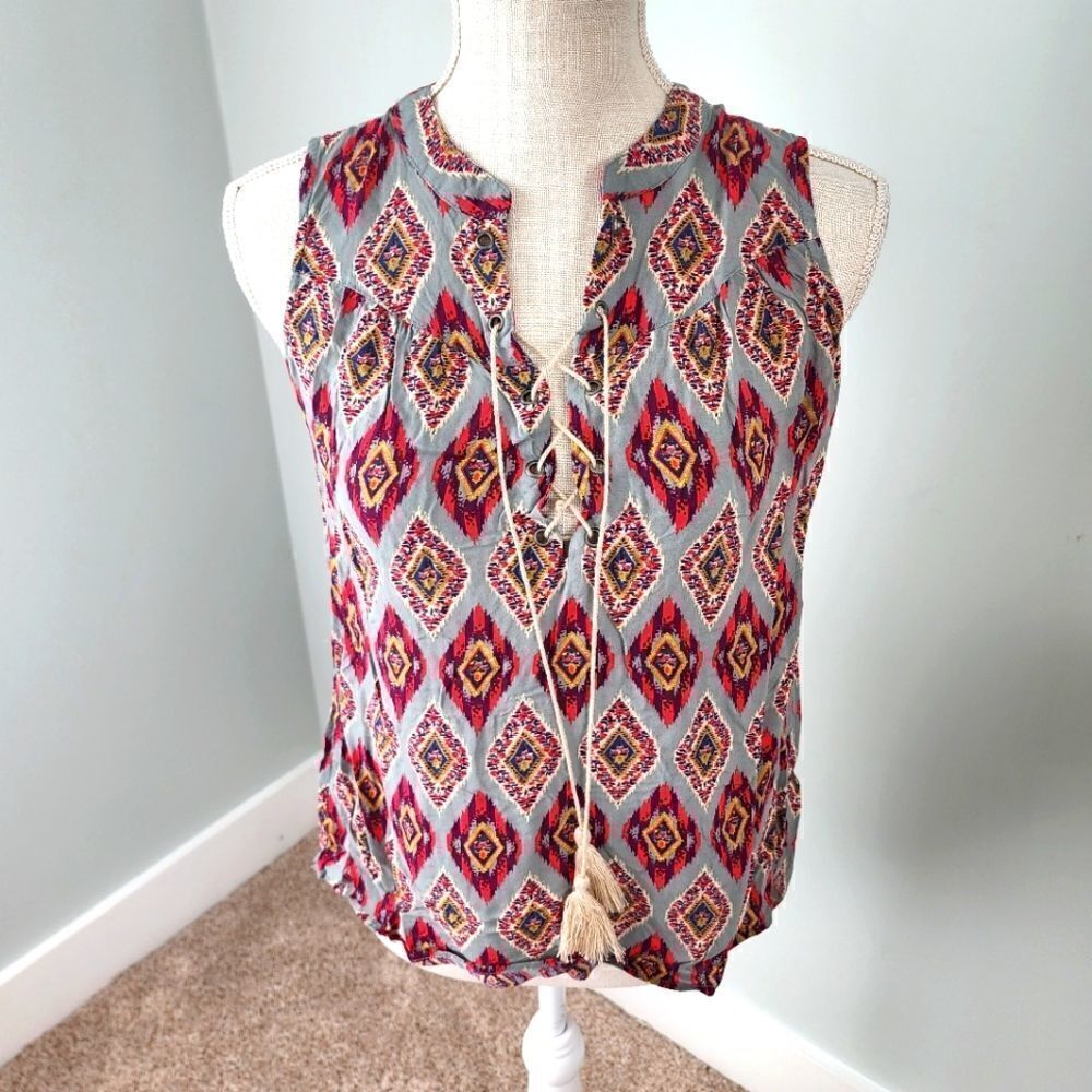 Xhilaration Sleeveless Aztec Boho V Tie Neck Top Size Small